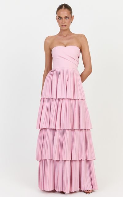 Showpo Rina Maxi Dress - Strapless Tiered Pleated Skirt Dress in Pink