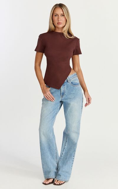 Showpo Rosalie Top - Asym Ruched Tshirt in Chocolate