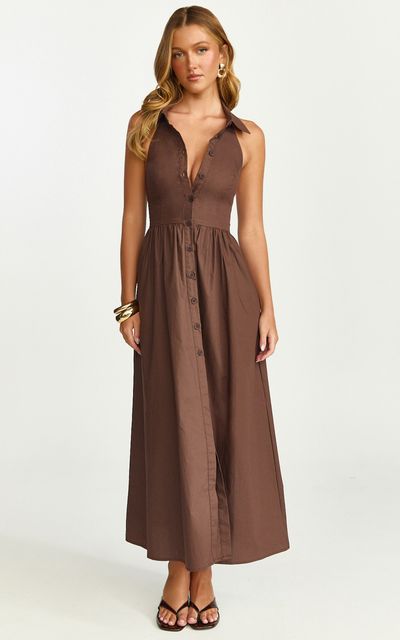 Showpo Ruby Midi Dress - Collared Button Down Gathered Waist Skirt Fit And Flare Dress in Dark Chocolate