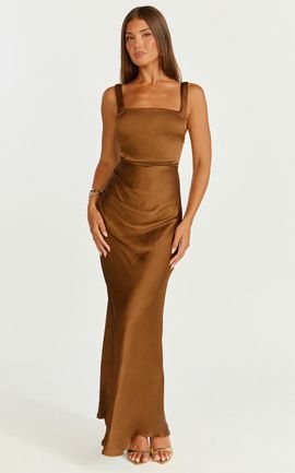 Showpo Rumi Midi Dress - Ruched Bodice Satin Dress in Chocolate