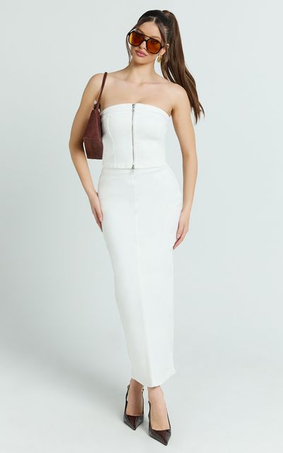 Showpo Sahara Maxi Skirt - Mid Waist Denim Maxi Skirt in Ecru
