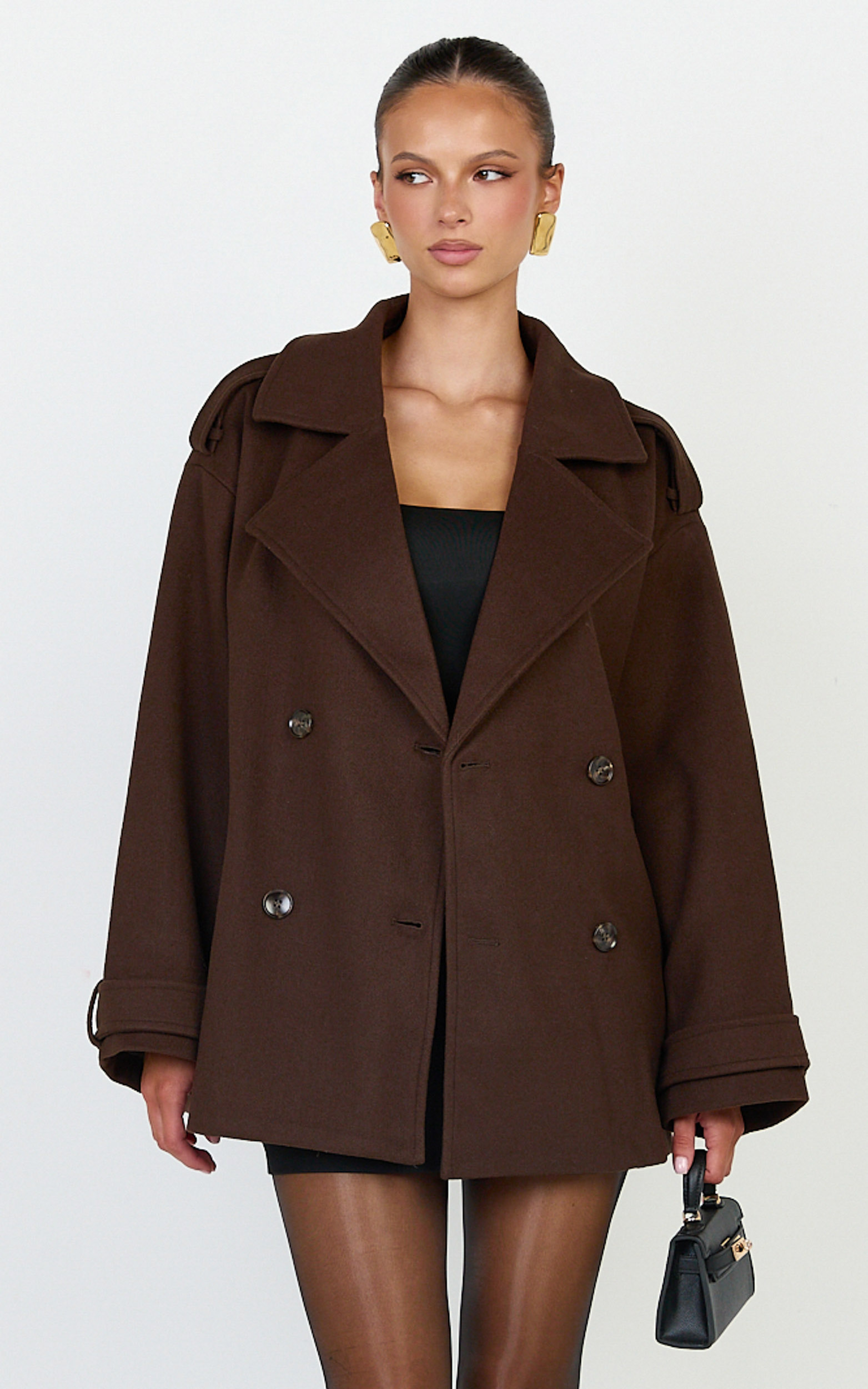 Showpo Saskia Coat - Double Breasted Short Wool Like Coat in Chocolate