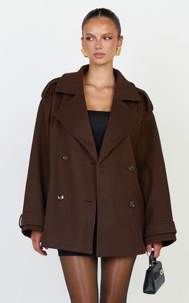 Showpo Saskia Coat - Double Breasted Short Wool Like Coat in Chocolate