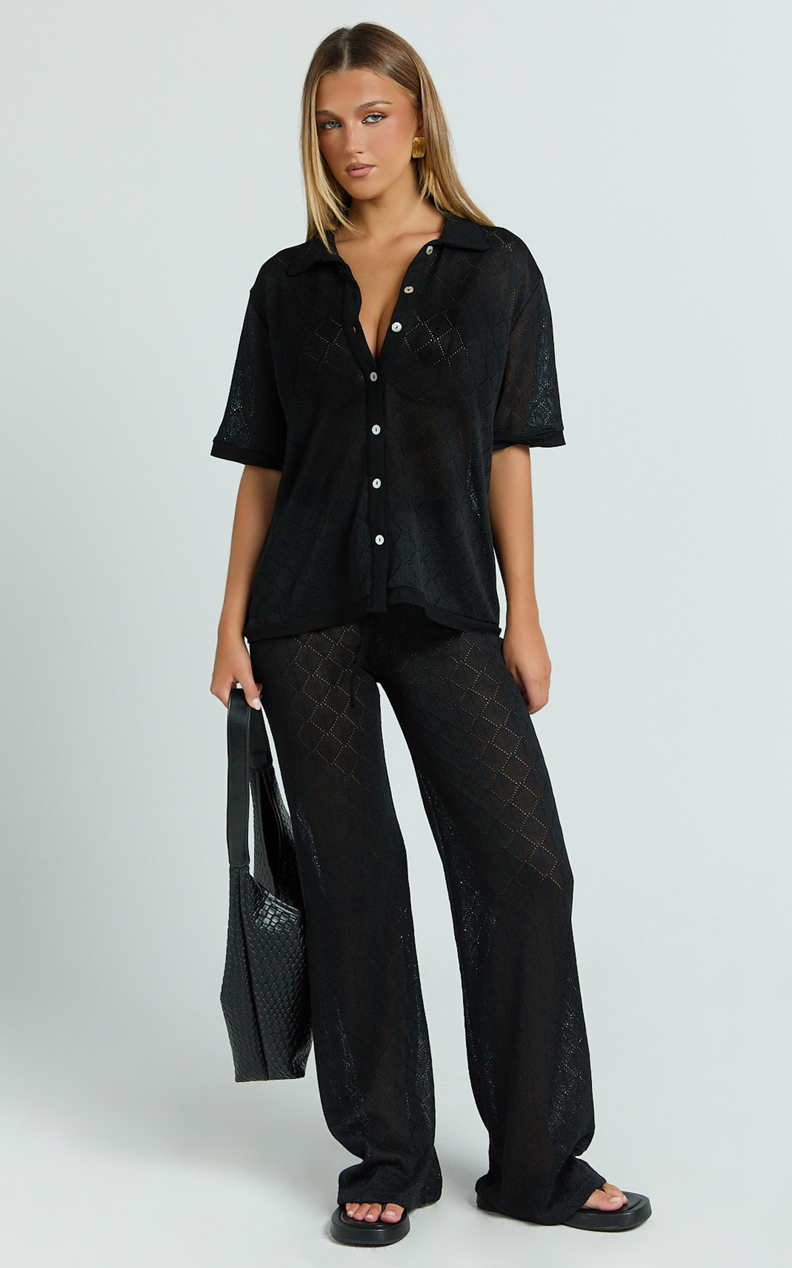 Showpo Scarlett Two Piece Top and Pants Set - Knit Button Short Sleeve Shirt and Wide Leg Pant Set in Black