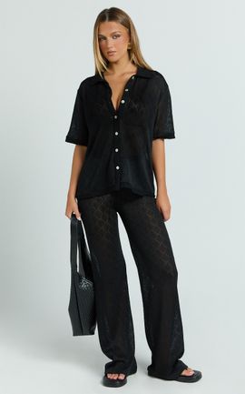 Showpo Scarlett Two Piece Top and Pants Set - Knit Button Short Sleeve Shirt and Wide Leg Pant Set in Black