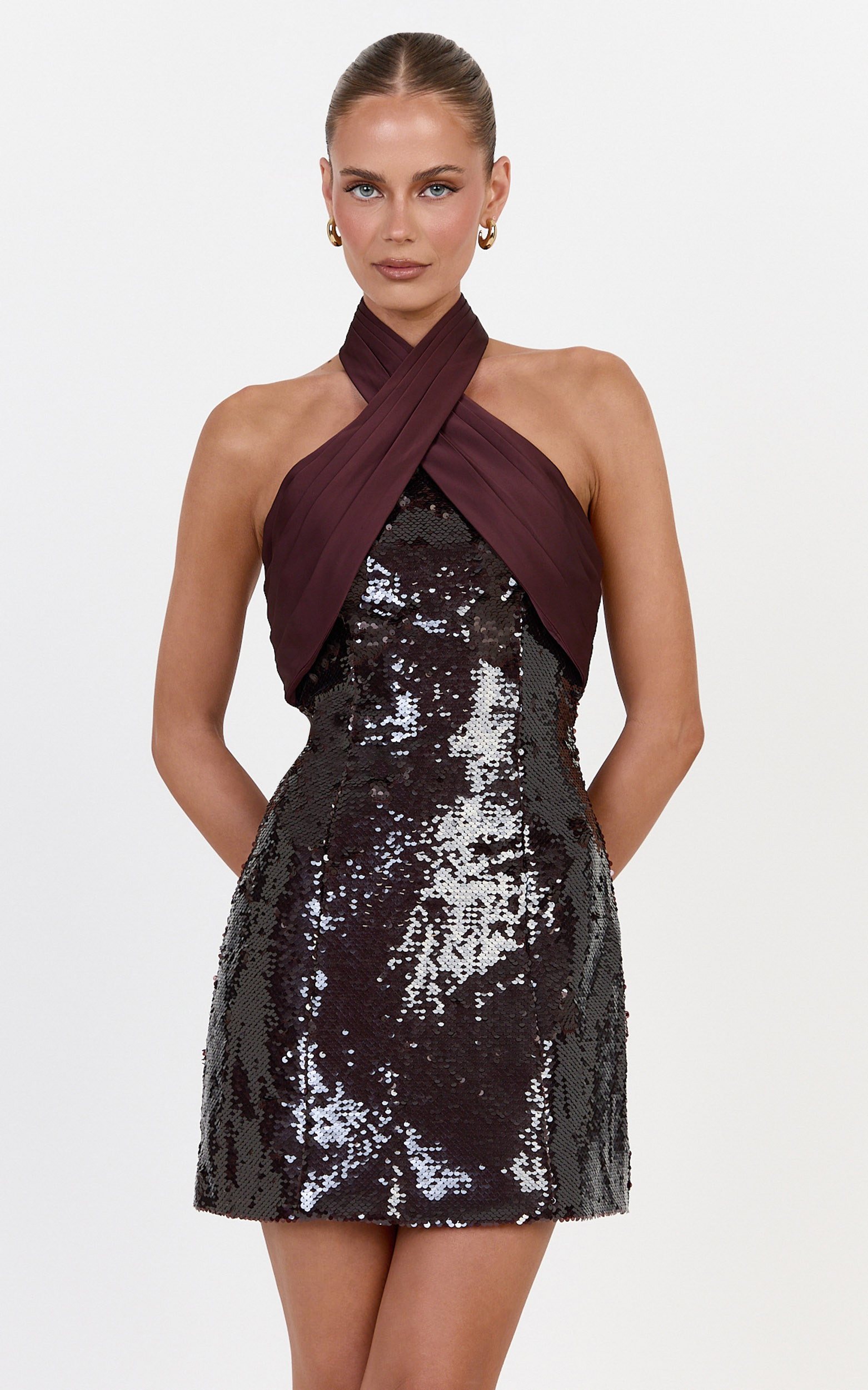 Showpo Shea Mini Dress - Crossover Halter Tie Neck Contrast Satin And Sequin Mini Dress in Plum