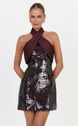 Showpo Shea Mini Dress - Crossover Halter Tie Neck Contrast Satin And Sequin Mini Dress in Plum