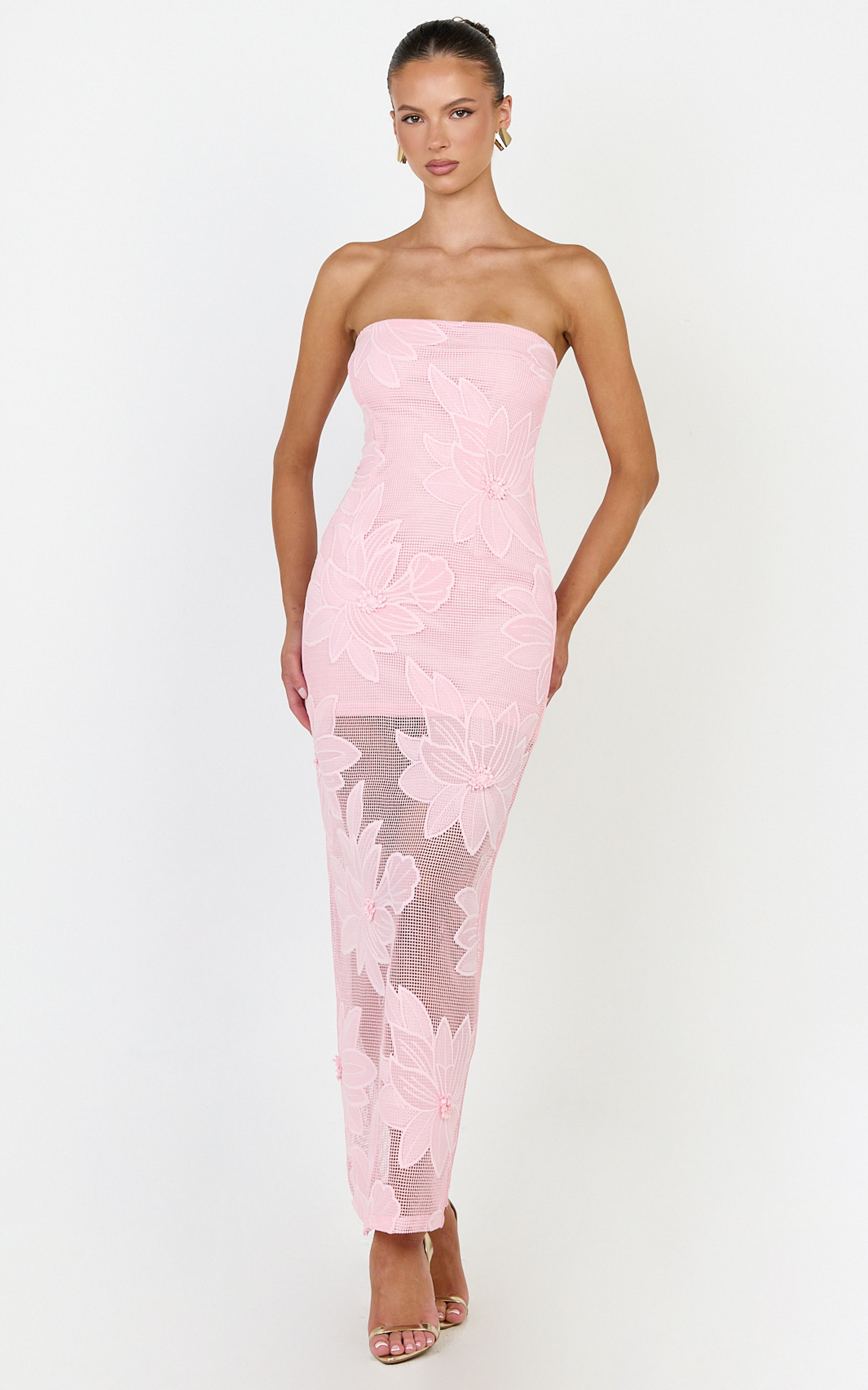 Showpo Sienna Midi Dress - Strapless Floral Embroidered Bodycon Dress in Pink