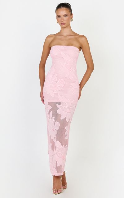 Showpo Sienna Midi Dress - Strapless Floral Embroidered Bodycon Dress in Pink