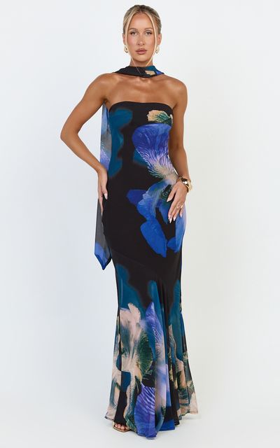 Showpo Solara Maxi Dress - Strapless Bias Column Dress With Scarf in Midnight Resort Orchid Print