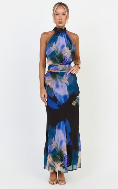 Showpo Solara Maxi Skirt - Bias Cut A Line Skirt in Midnight Resort Orchid Print