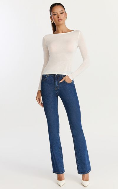 Showpo Solenne Jeans - High Waist Skinny Bootcut Leg Jeans in Dark Mid Blue Wash