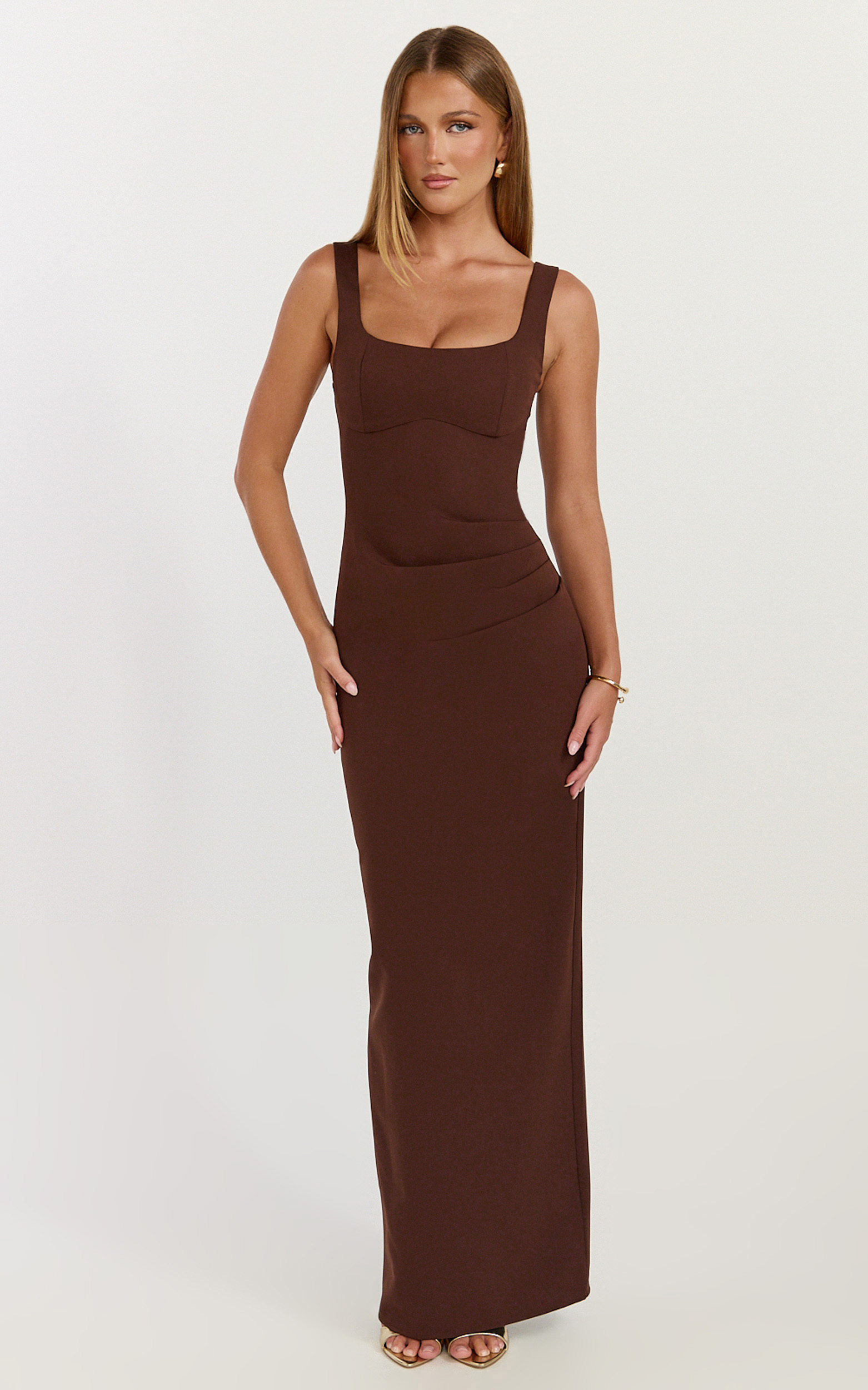 Showpo Stormi Maxi Dress - Balconette Bodice Side Split Dress in Chocolate