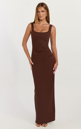 Showpo Stormi Maxi Dress - Balconette Bodice Side Split Dress in Chocolate