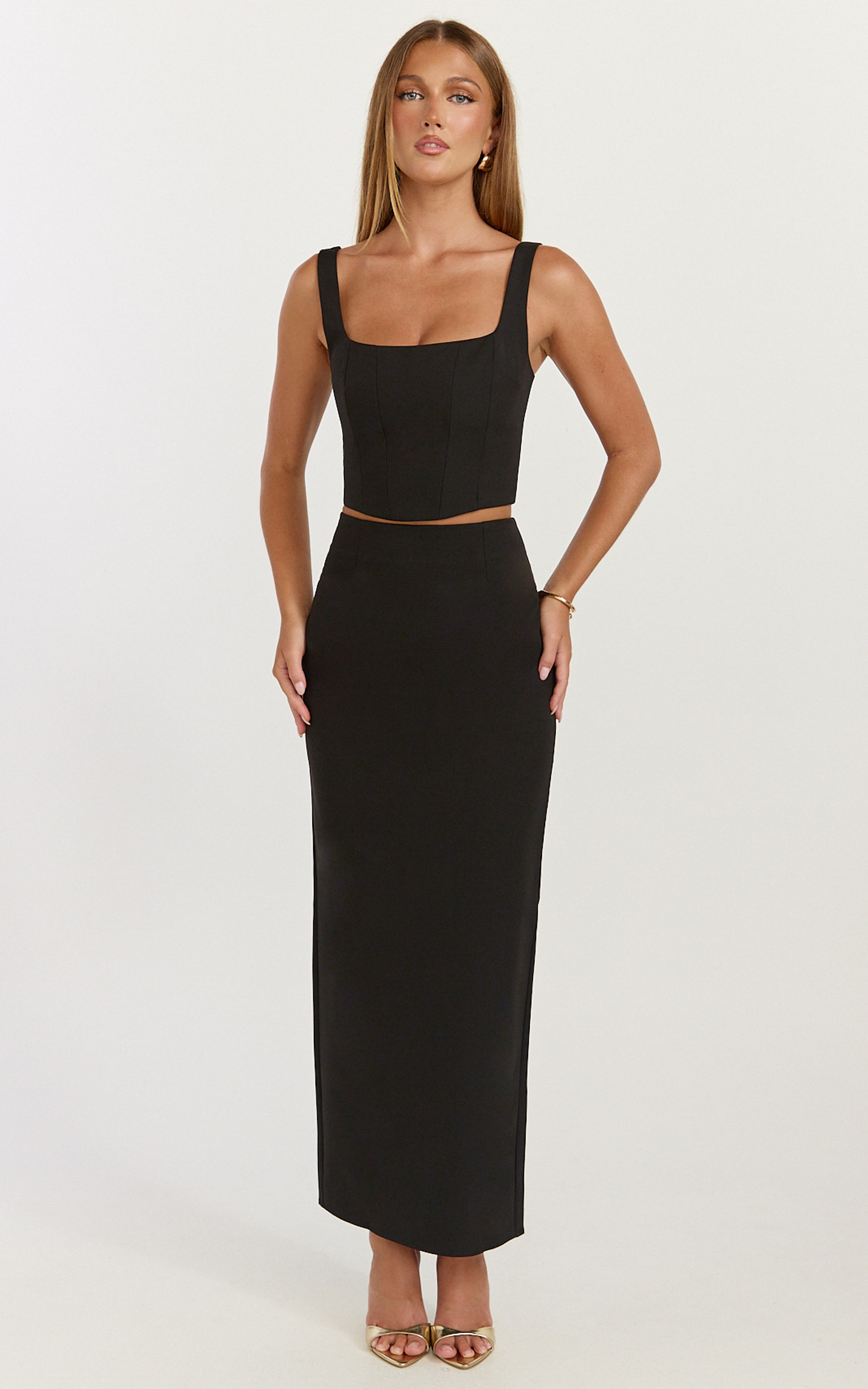Showpo Stormi Two Piece Set - Corset Top And Maxi Skirt Set in Black