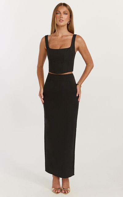 Showpo Stormi Two Piece Set - Corset Top And Maxi Skirt Set in Black
