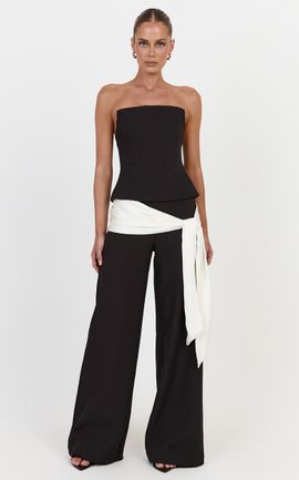 Showpo Talia Pants - Straight Leg Mid Rise Pants With Contrast Waist Tie in Black/Off White
