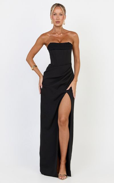 Showpo Tara Maxi Dress - Strapless Corset Drape Skirt Dress in Black