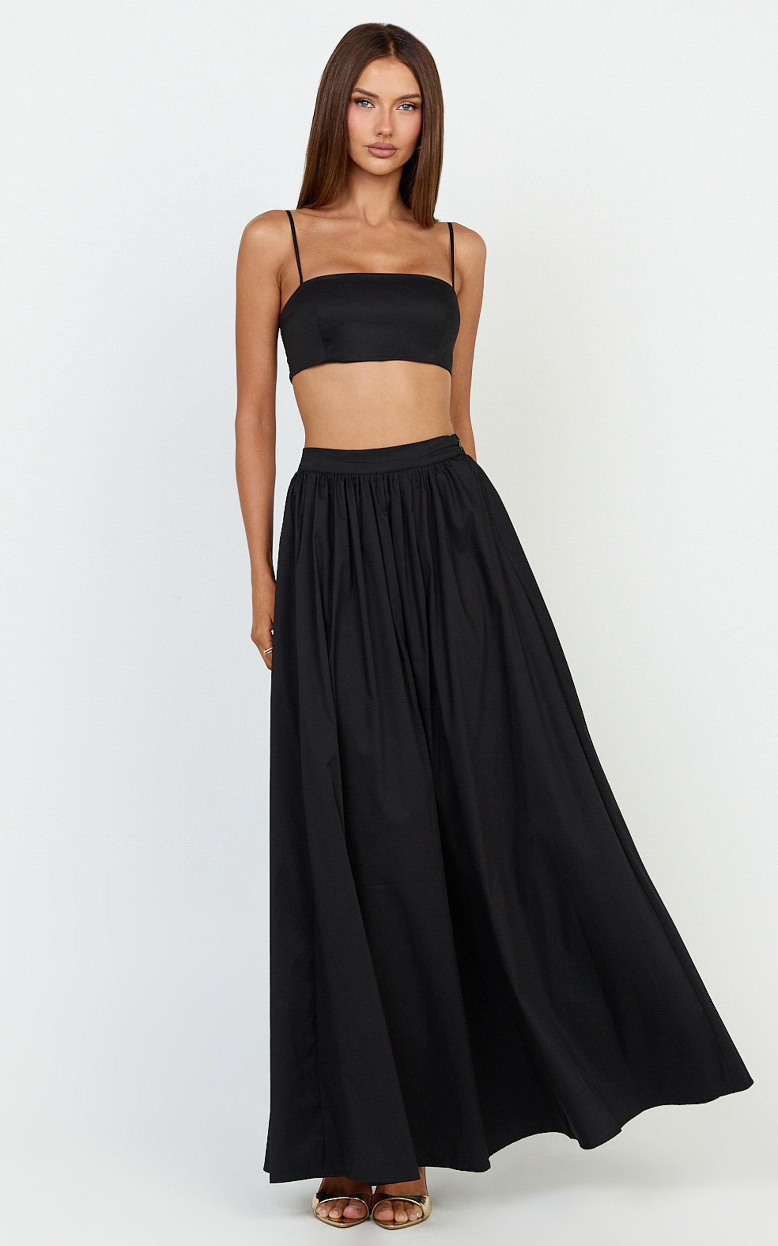 Showpo Tegan Two Piece Set - Straight Neck Micro Crop Top and A Line Maxi Skirt Set in Black