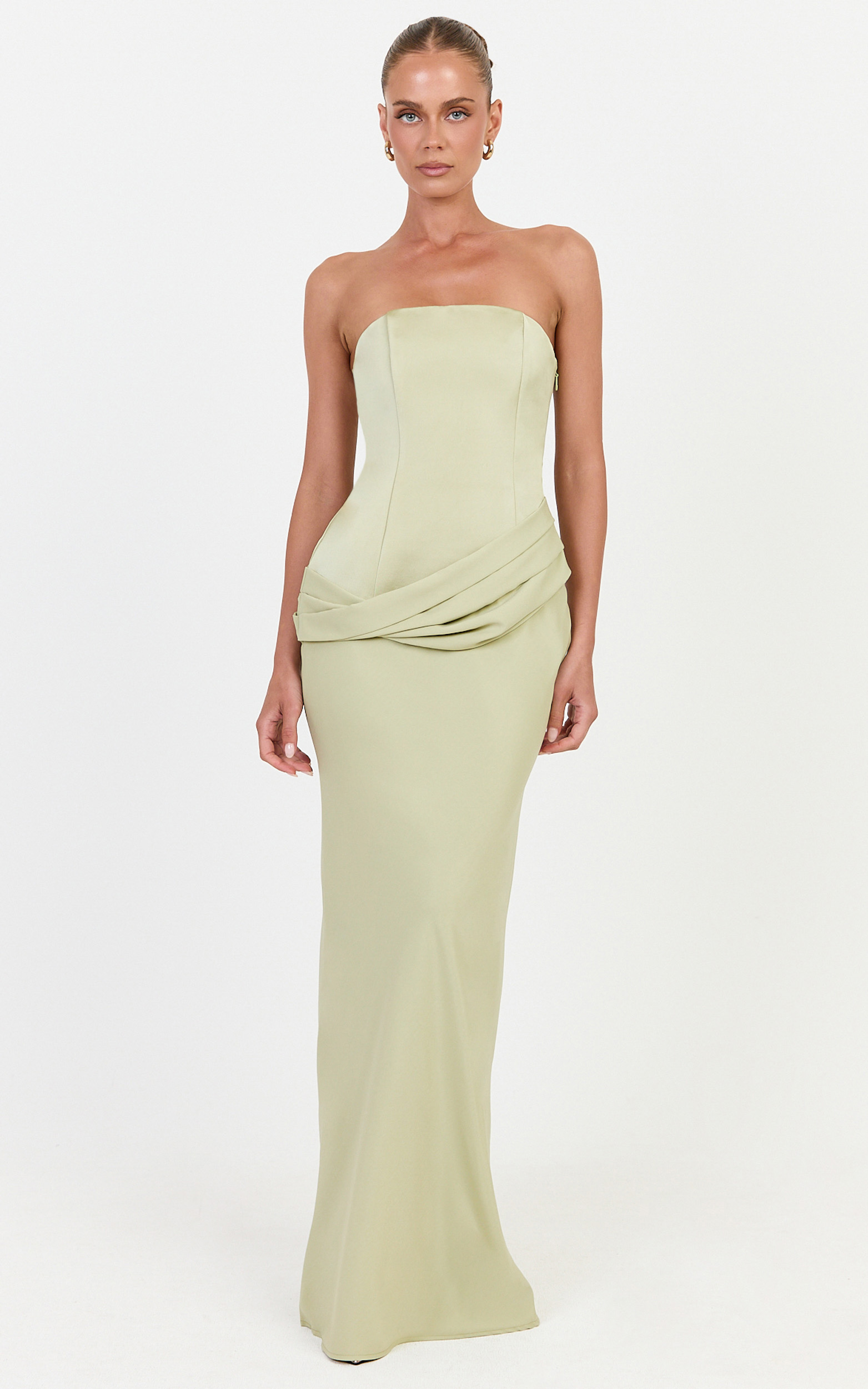 Showpo Tess Maxi Dress - Drop Waist Strapless Dress With Satin Bodice And Draped Skirt in Green