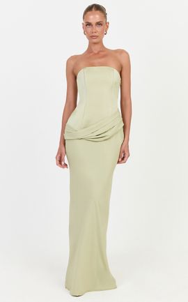 Showpo Tess Maxi Dress - Drop Waist Strapless Dress With Satin Bodice And Draped Skirt in Green