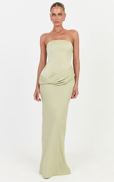 Showpo Tess Maxi Dress - Drop Waist Strapless Dress With Satin Bodice And Draped Skirt in Green