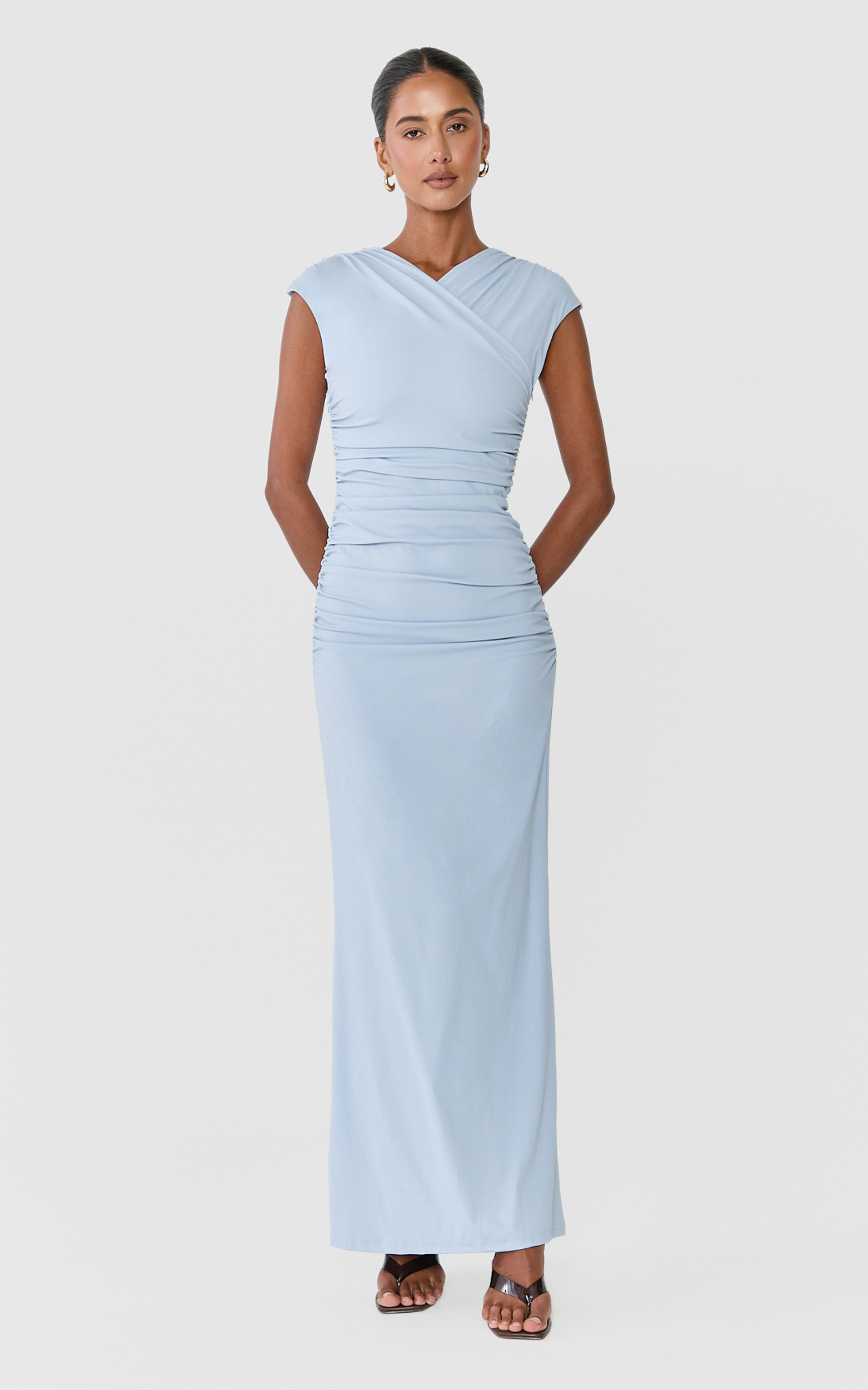 Showpo Tess Midi Dress - Cap Sleeve V Neck Gathered Waist Dress in Blue