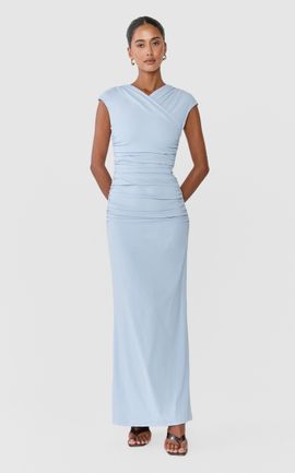 Showpo Tess Midi Dress - Cap Sleeve V Neck Gathered Waist Dress in Blue