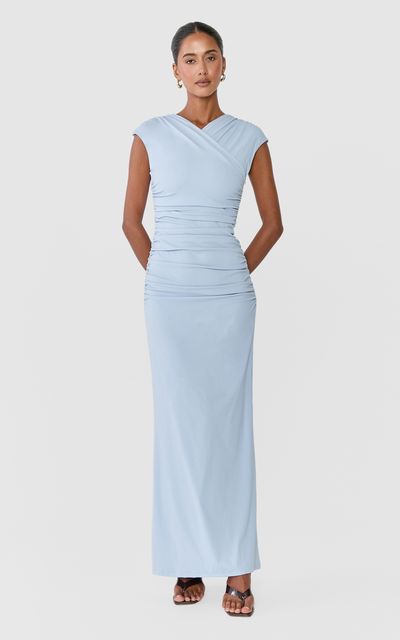 Showpo Tess Midi Dress - Cap Sleeve V Neck Gathered Waist Dress in Blue