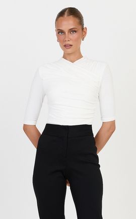 Showpo Tess Top - Cotton Blend Wrap V Neck Short Sleeve Top in Ivory