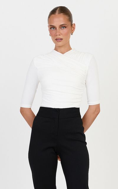 Showpo Tess Top - Cotton Blend Wrap V Neck Short Sleeve Top in Ivory