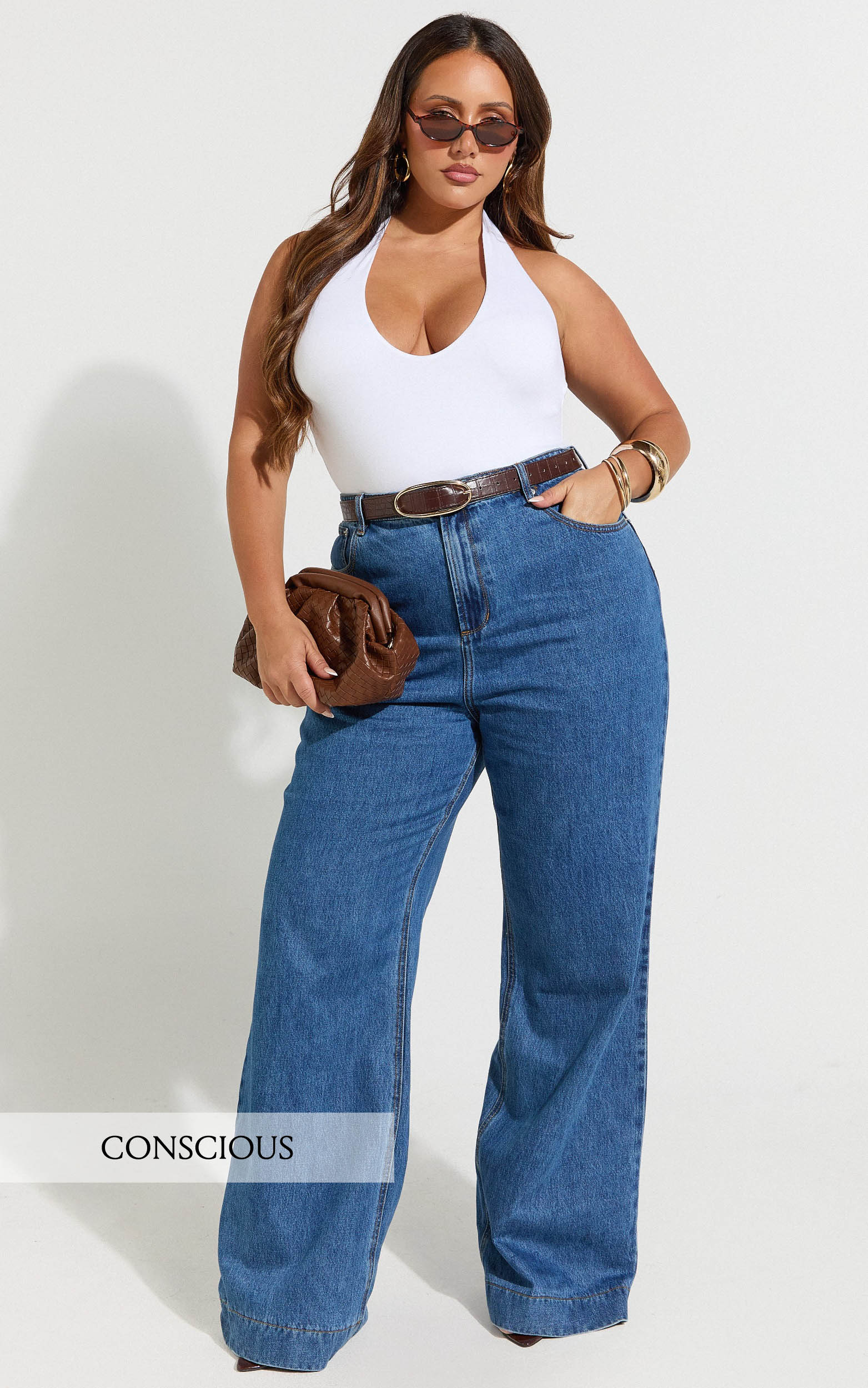 Showpo Therese Jeans - High Waist Wide Leg Flare Recycled Denim Jeans in Dark Blue Wash