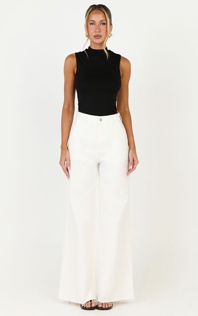 Showpo Therese Jeans - High Waist Wide Leg Flare Recycled Denim Jeans in Ecru