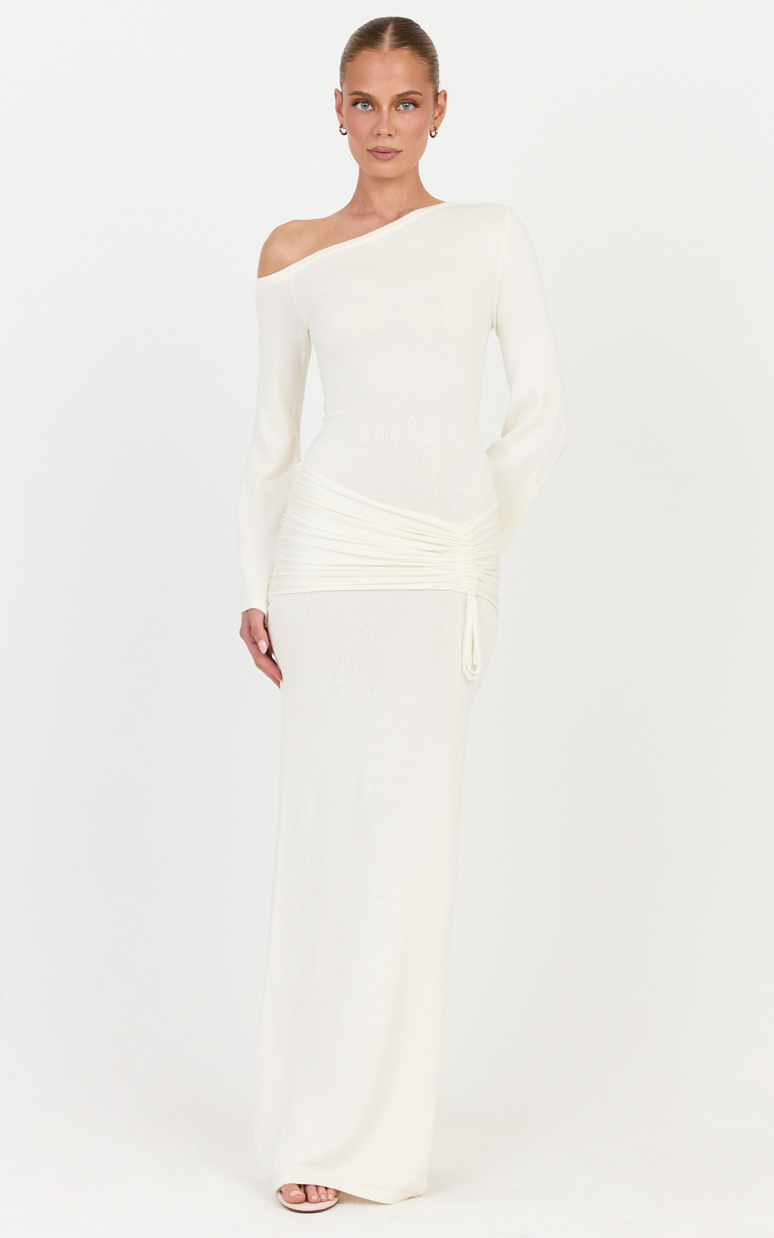 Showpo Tiffany Maxi Dress - Ruched Overlay Long Sleeve Knit Dress in Ivory