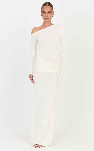 Showpo Tiffany Maxi Dress - Ruched Overlay Long Sleeve Knit Dress in Ivory