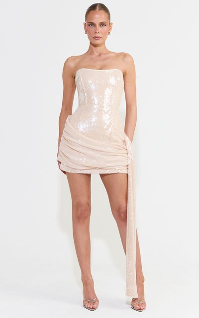 Showpo Tulum Mini Dress - Sequin Strapless Cowl Waist Sash Bodycon Dress in Gold