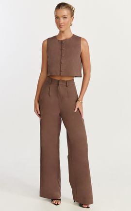 Showpo Valencia Two Piece Top and Pants Set - Button Front Vest and High Waisted Pants Set in Mocha