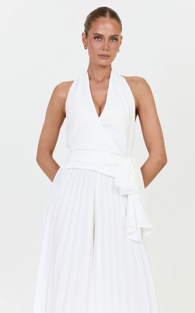 Showpo Valentina Top - Halter Neck Front Wrap Sash Detail Top in Off White