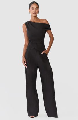 Showpo Valentina Two Piece Top and Pants Set - Off Shoulder Asymmetric Hem Top And Wide Leg Pants Set in Black