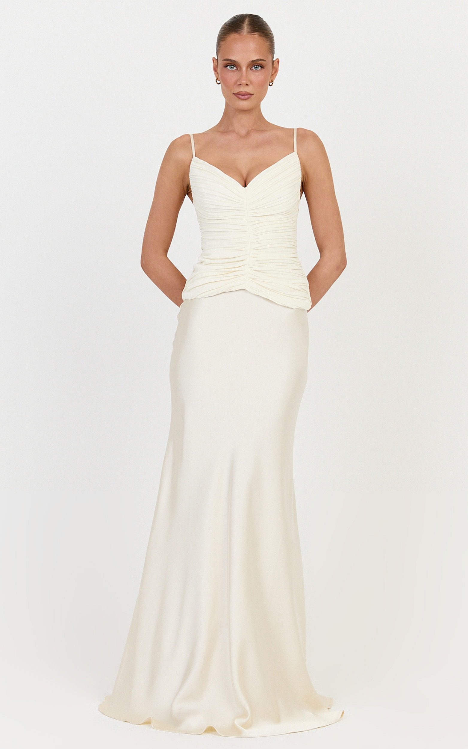 Showpo Veda Two Piece Top and Skirt Set - Plunge Ruched Plisse Contrast Satin Skirt Set in Champagne
