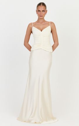 Showpo Veda Two Piece Top and Skirt Set - Plunge Ruched Plisse Contrast Satin Skirt Set in Champagne