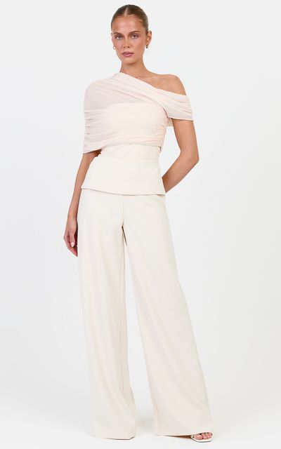 Showpo Violet Pants - Folded Waistband Wide Leg Pants in Cream