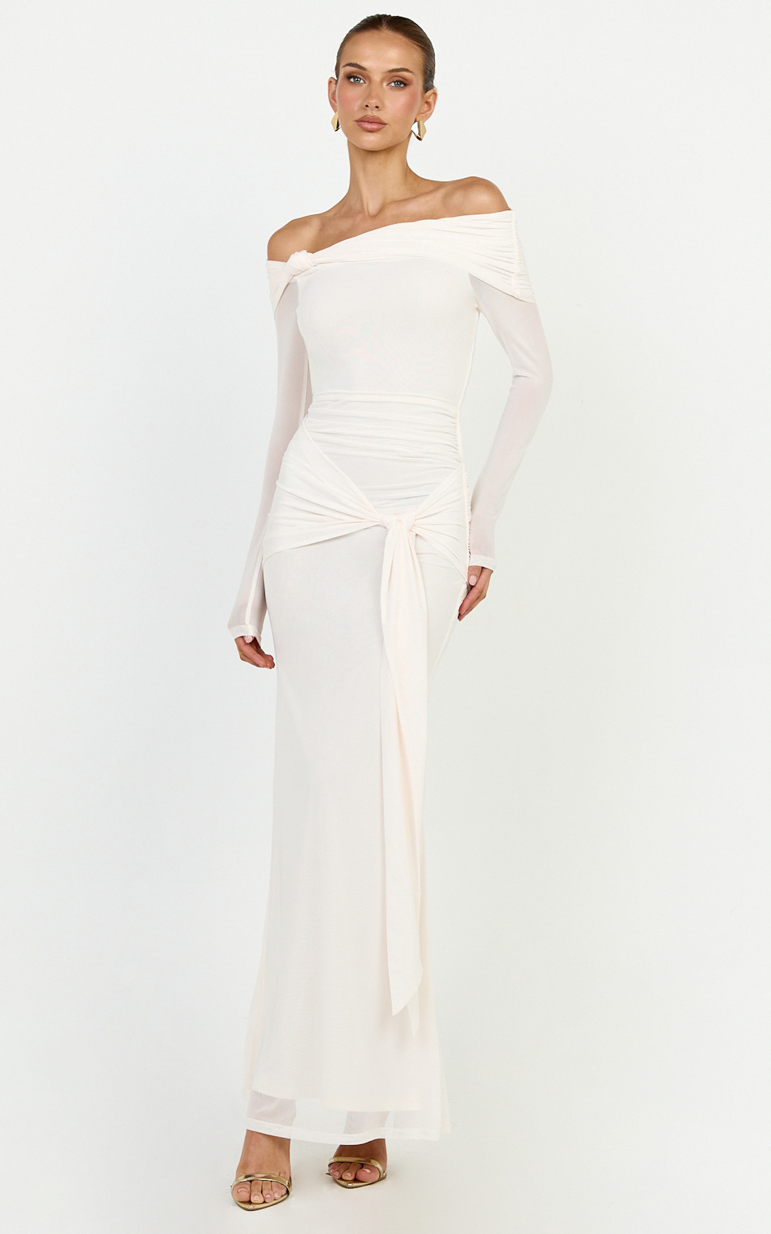 Showpo Waverly Maxi Dress - Long Sleeve Off Shoulder Dress in Cream