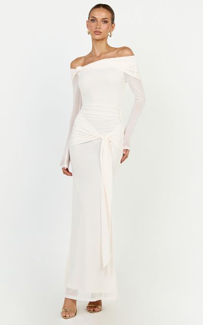 Showpo Waverly Maxi Dress - Long Sleeve Off Shoulder Dress in Cream