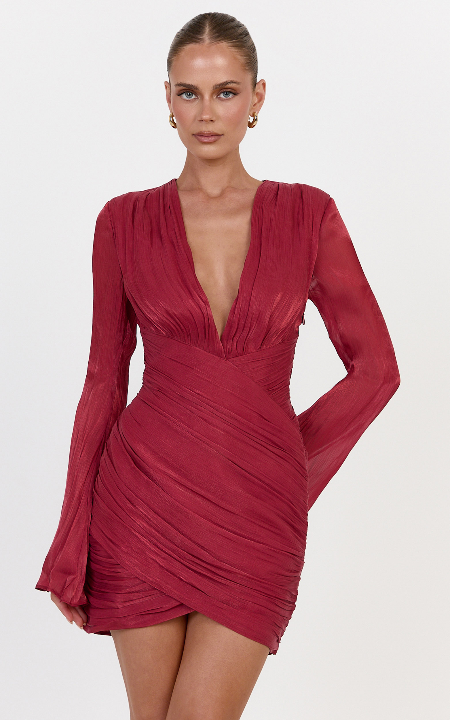 Showpo Zella Mini Dress - Plunge Neckline Long Sleeve Dress in Wine