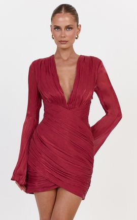 Showpo Zella Mini Dress - Plunge Neckline Long Sleeve Dress in Wine