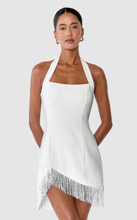 Showpo Zena Mini Dress - Halter Sqaure Neck Fringe Hem Dress in White