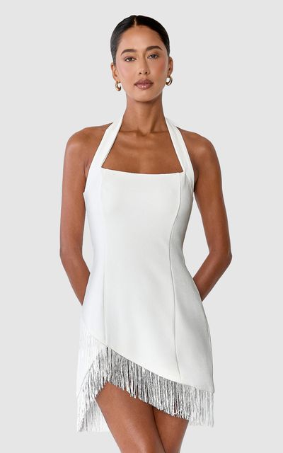 Showpo Zena Mini Dress - Halter Sqaure Neck Fringe Hem Dress in White