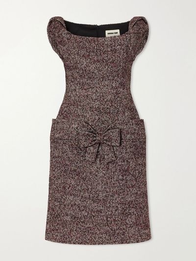 SHUSHU/TONG Bow-detailed wool-blend herringbone midi dress