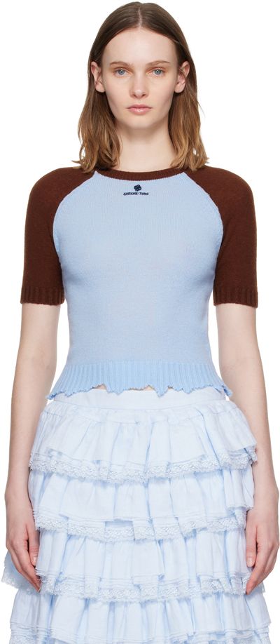 SHUSHU/TONG SHUSHU/TONG Blue & Brown Color-Block Raw-Edge Short-Sleeve Knit Top